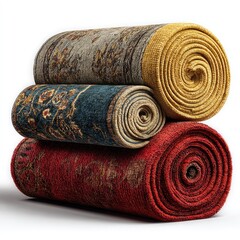 Three rolled rugs, various colors and patterns, stacked