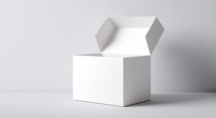 Opened white box on a plain surface