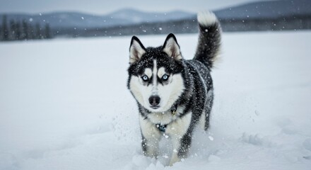 Naklejka premium A Siberian husky, with striking blue eyes, joyfully frolics in fresh, white snow with mountains in background