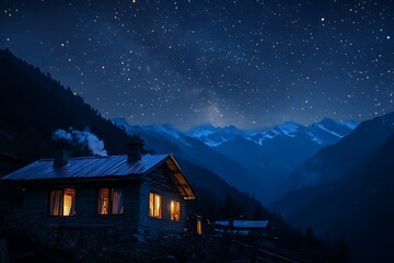 A serene hillside village resting under twinkling evening stars.