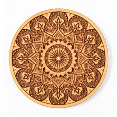 Intricate Wooden Mandala Coaster with Geometric Pattern on White Background