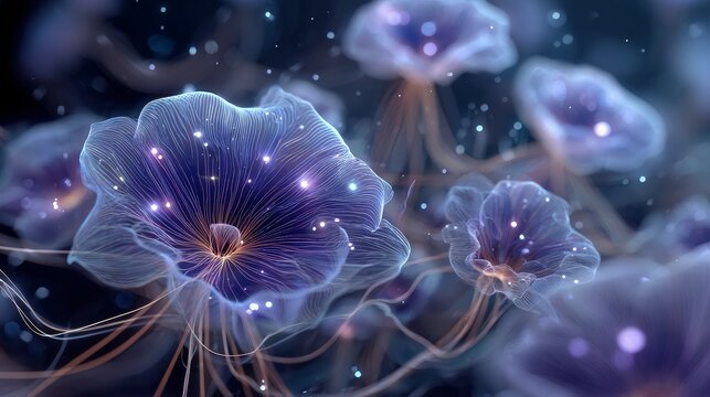 Enchanting Glowing Blue Bioluminescent Floral Creatures in Deep Sea