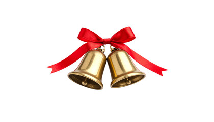 Golden Christmas bell with shiny red bow and festive red ribbon on white background
