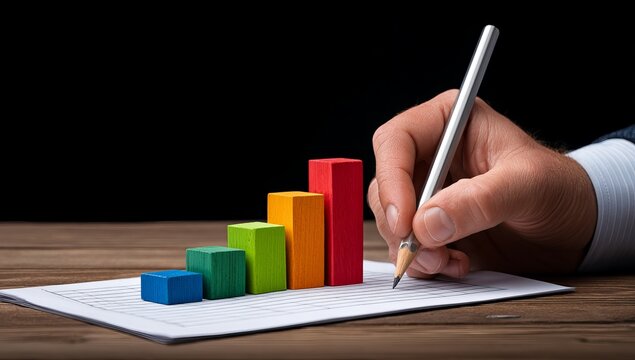 A hand holding a pencil is drawing colorful wooden blocks in the shape of a bar graph on white paper, a business plan concept. A businessman is sketching financial growth with green, blue, red, orange - Powered by Adobe