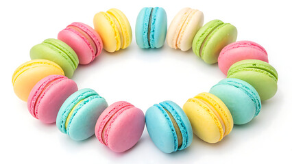 Obraz premium A circle of colorful macarons arranged on a white background in a studio setting for a sweet treat