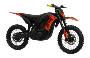 Flame-themed dirt bike with rugged tires and a protective chain guard for off-road adventures