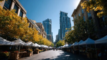 Fototapeta premium Wide Shot of Farmers Market During Peak Weekend Hours in Autumn