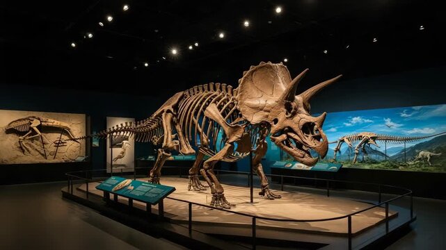Triceratops skeleton in museum on display for educational purposes. Triceratops skeleton shows ancient history in the exhibition,