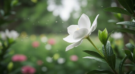 A pristine white blossom, elegantly poised against a softly blurred backdrop of verdant foliage and subtle bokeh