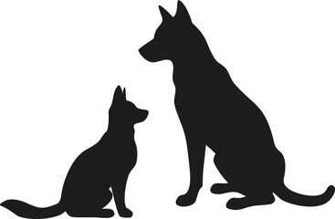Two dog silhouettes sitting together isolated on white background