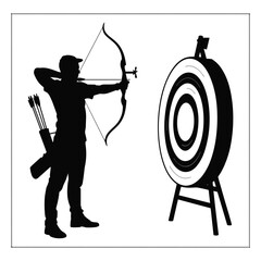 Archery silhouette vector set, bow and arrow target practice, warrior and athlete pose collection
