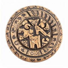 Obraz premium Detailed Carved Ceramic Disc Featuring Stylized Animal Motif on White Background