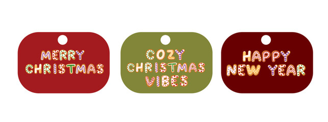 Obraz premium Three decorative gift tags showcase cheerful holiday messages. The first tag reads Merry Christmas, the second says Cozy Christmas Vibes, and the third states Happy New Year.