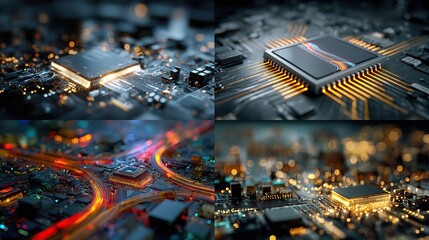 Four close-up views of intricate circuit boards and microchips, showcasing glowing components and complex pathways