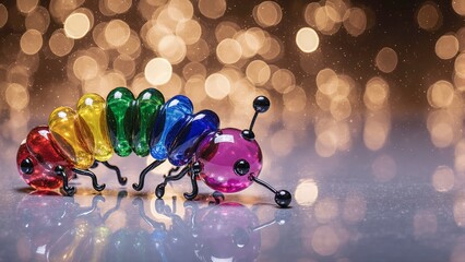 A colorful glass caterpillar toy made of translucent segments in rainbow colors placed on a glossy. 3d Illustration