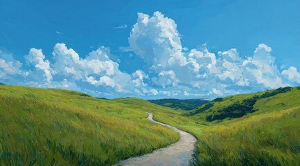 Winding path through grassy hills under a vibrant summer sky