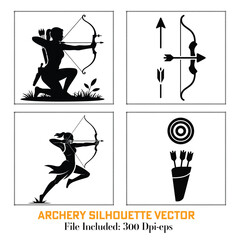 Archery silhouette vector set, bow and arrow target practice, warrior and athlete pose collection

