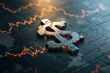 3D rendering of financial puzzle pieces assembling into dollar sign and stock charts