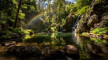 Rainbow over clear lake in forest.