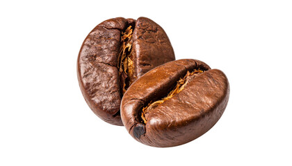 Scattered and separated roasted coffee beans on a white background
