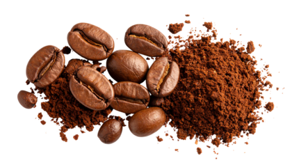 Scattered and separated roasted coffee beans on a white background