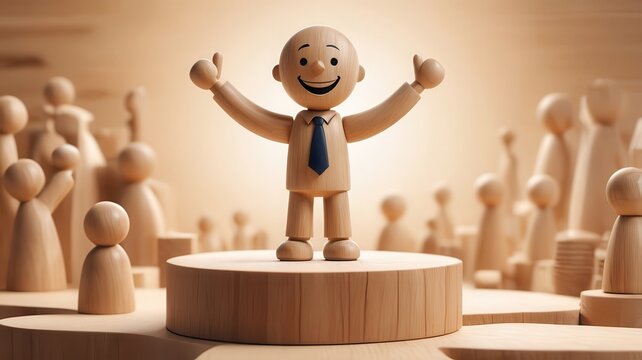 A wooden figure giving thumbs up on a stage with a crowd of wooden figures in the background