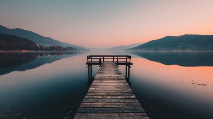 Fototapeta premium Empty Wooden Dock Over a Calm Lake at Sunset. High quality