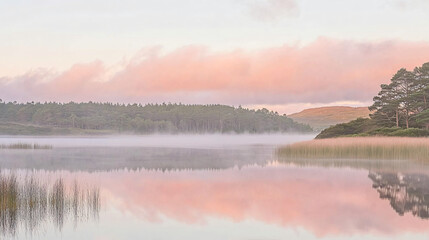 Fototapeta premium Serene lake surrounded by lush trees and enveloped in mysterious fog at dawn's early light