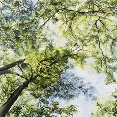 A painting of trees with a blue sky in the background