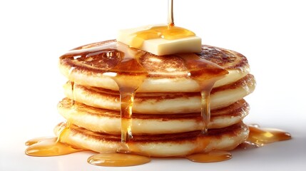 Stack of pancakes with maple syrup and butter on white background ‑ generative AI