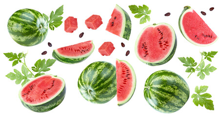 Sliced ripe watermelon with green leaves isolated on white background. clipping path