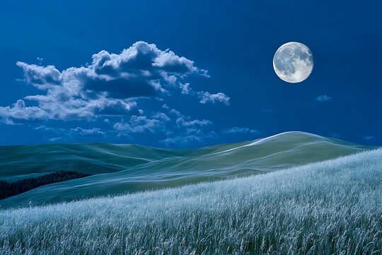 Undulating terrain bathed in soft full moon glow.