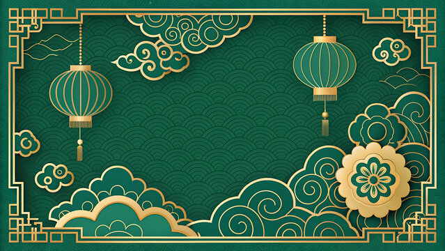 A festive chinese new year background with golden clouds, lanterns, and a green frame