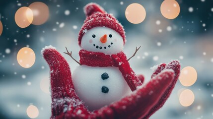 A tiny snowman nestled in snowy red gloves, winter wonderland bokeh