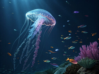 Naklejka premium Graceful Jellyfish in a Vibrant Coral Reef