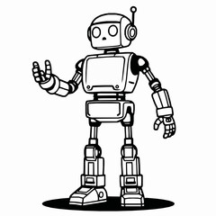 Black and white line art robot with antenna and outstretched hand android cyborg