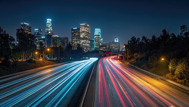 Night cityscape with freeway light trails