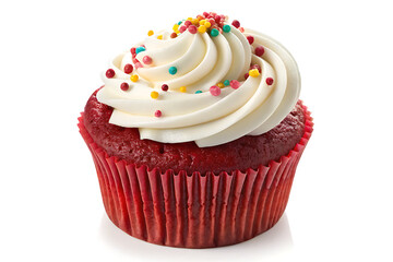 A red velvet cupcake with white frosting and colorful sprinkles isolated on a white background view