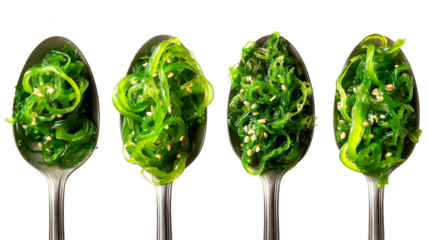 A row of four spoons holding a serving of seaweed salad with sesame seeds.