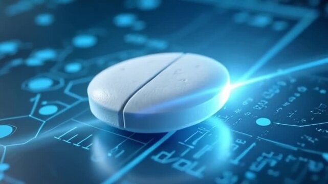 Futuristic 3D Atorvastatin Tablet Rotating with Glowing Chemical Bonds and Medical Data Animation on Clean Blue Background for Pharmaceutical, Healthcare, Science and Technology Concept.