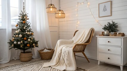 Scandinavian Bedroom with Oak Furniture and Natural Holiday Tree