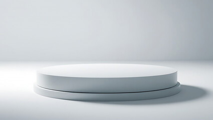 Minimalist white cylindrical podium with dramatic lighting and soft shadow.