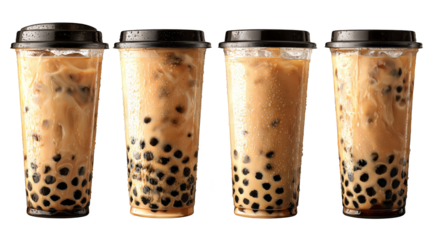 A row of four iced bubble tea drinks with tapioca pearls.