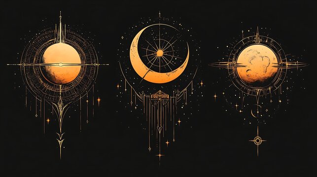 Celestial symbols of sun, moon, and stars.