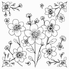 Black and white line drawing of blooming flowers and leaves floral blossom