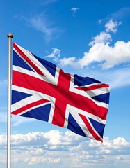 A Union Jack flag billows in a bright blue sky dotted with fluffy white clouds (1)