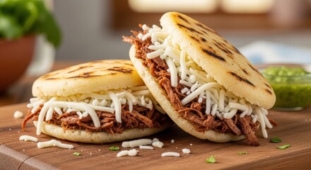 Venezuelan arepas with shredded beef and cheese on a wooden board with green sauce