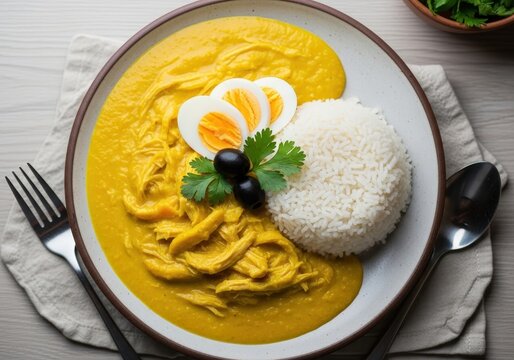 Delicious peruvian aji de gallina chicken stew with rice boiled egg and olives on a plate
