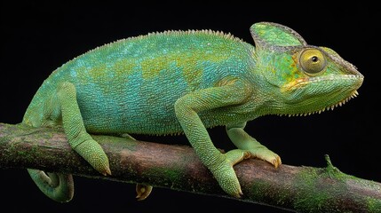 Obraz premium Close-up of a vibrant green chameleon on a branch