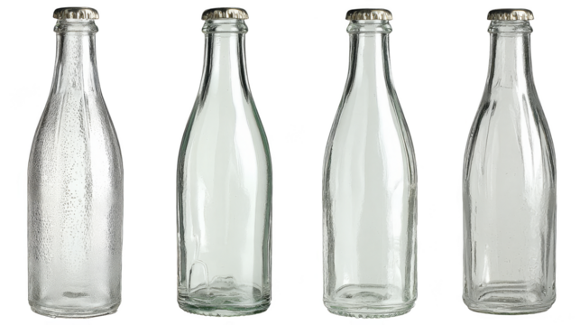 Four empty glass bottles, a minimalist still life composition in clear .